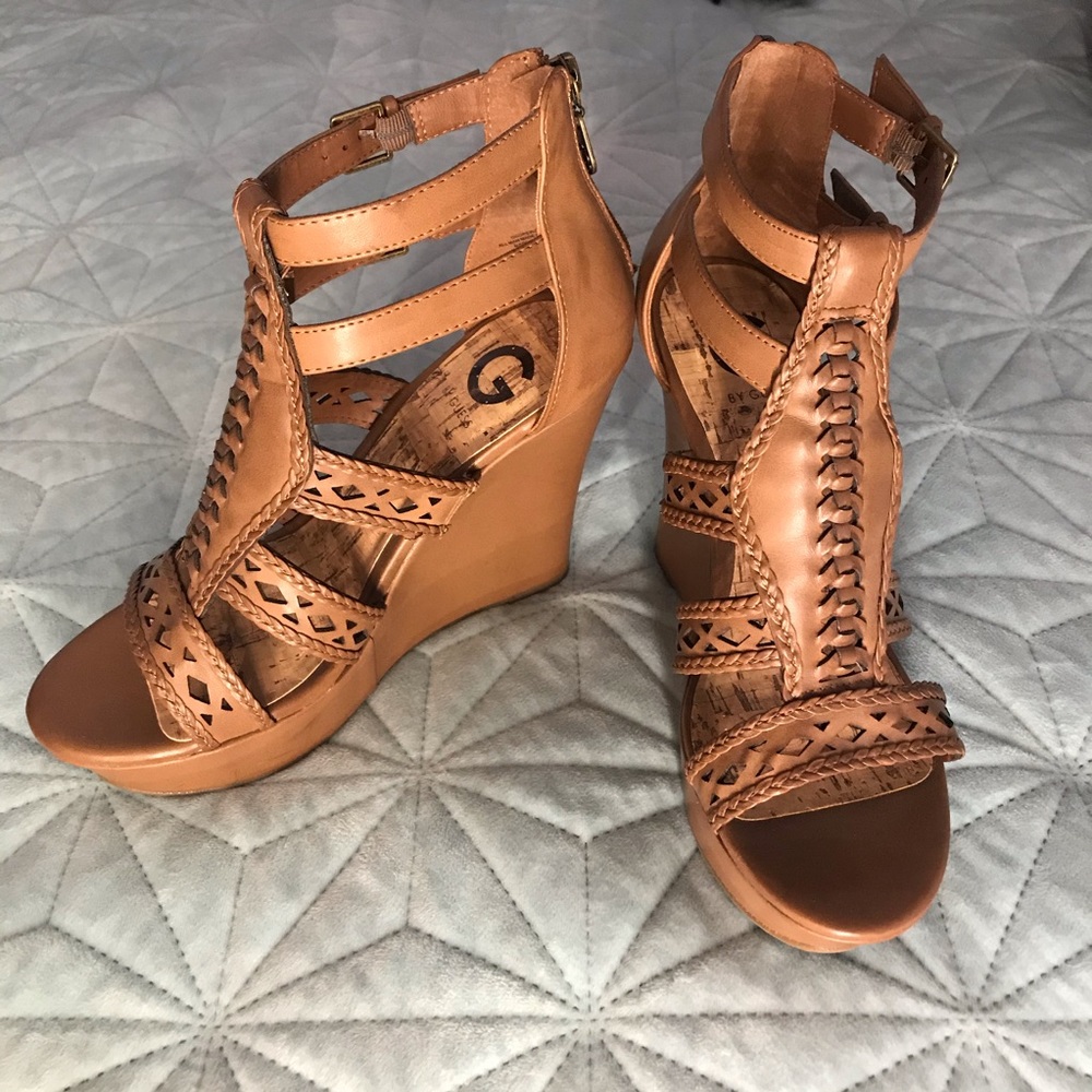 G by Guess Tan Leather Wedges